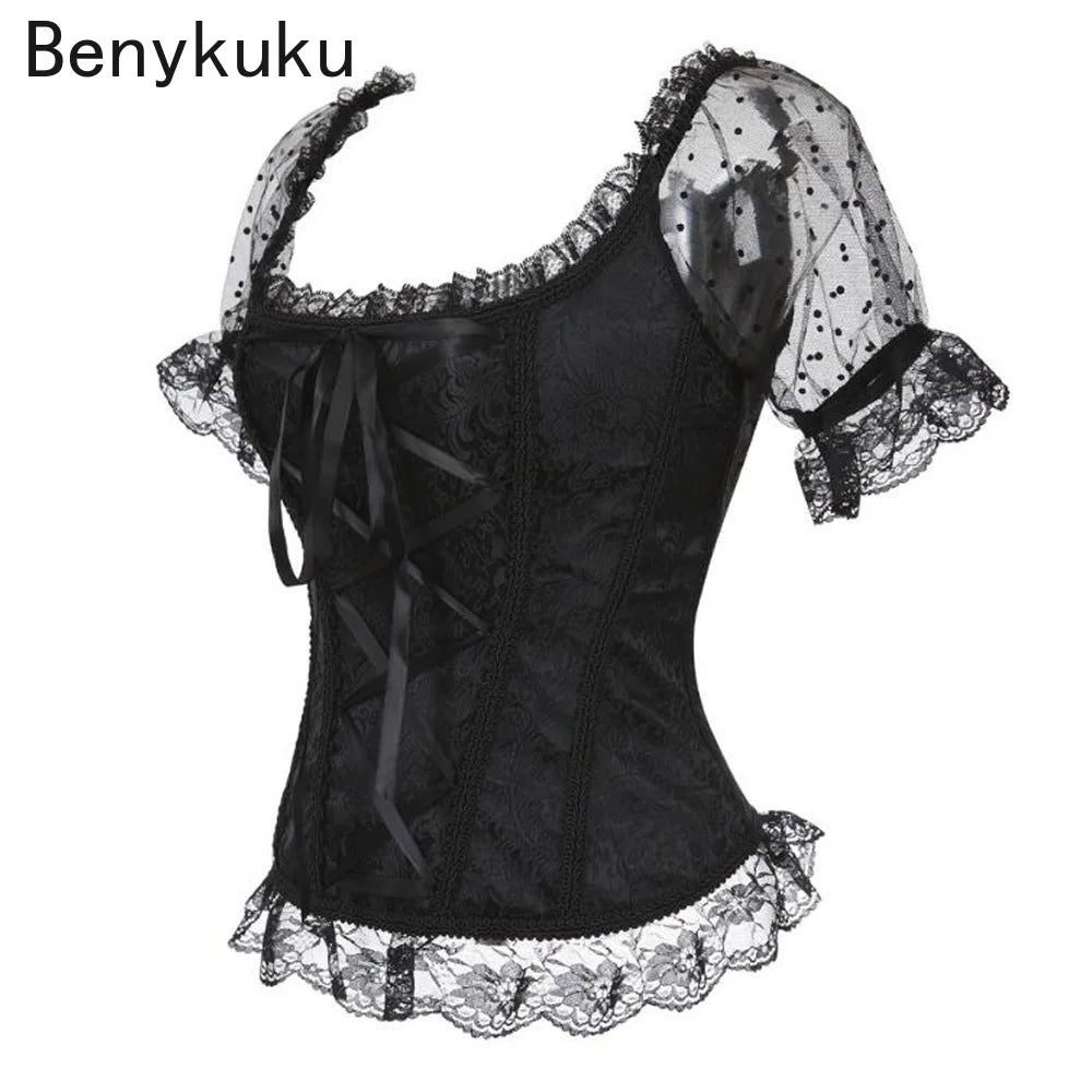 Woman Vintage Gothic Victorian Blouse 2024 Lolita Elastic Black White Top Steampunk 6XL Plus Size Women Clothing Summer Shirt