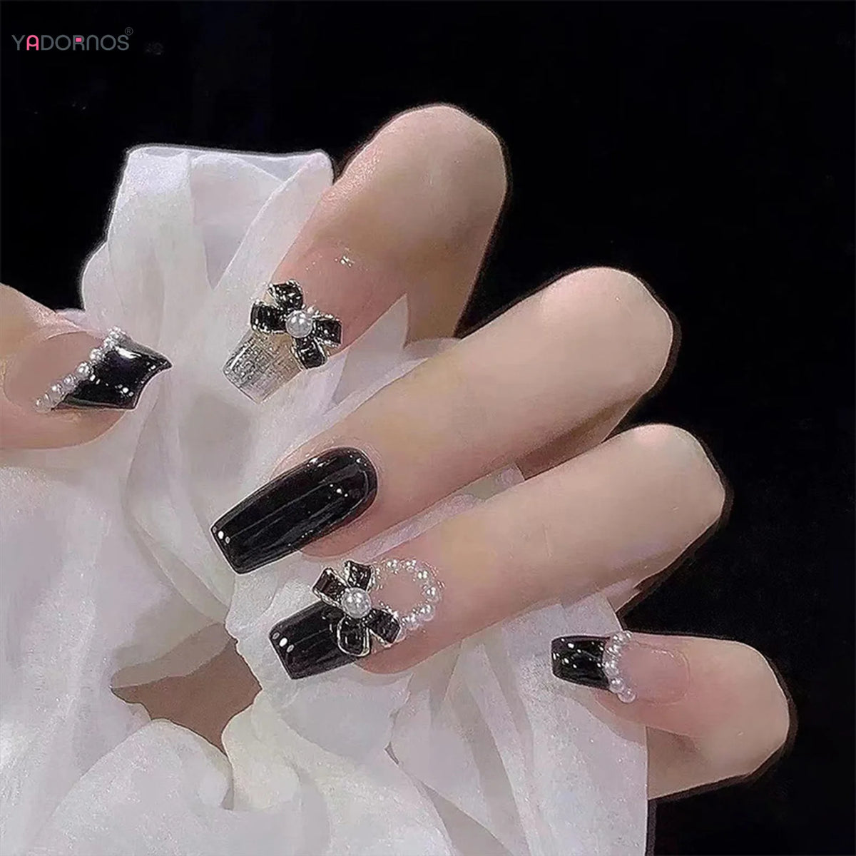 French Style Bowknot Black Long Fake Nails – Full Cover Square Artificial Nail Tips for DIY Fingernail Decoration