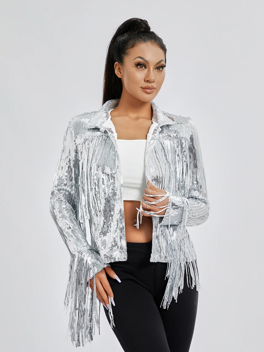 Women Sparkly Long Sleeve Open Front Tassel Jackets Autumn Winter Solid Color Sequin Party Jackets Blazers Clubwear