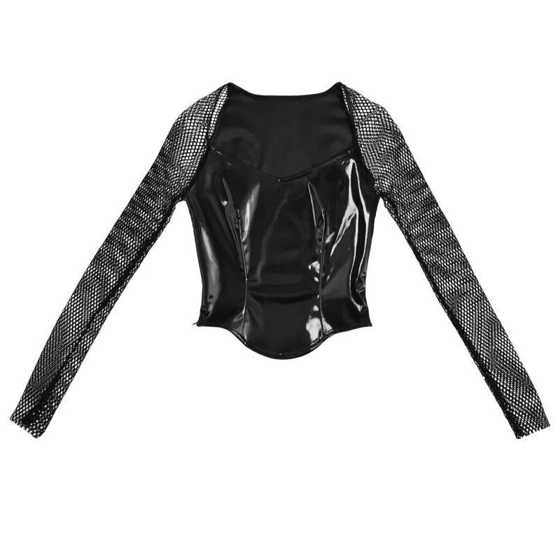 Blood Supply Original Punk PU Long Sleeve Slim T-shirt, Hot Girl Goth Fishnet Leather Belt Slim Top