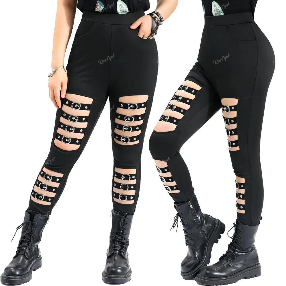 ROSEGAL Gothic Plus Size Skinny Pants - Black Cut-Out Pencil Pants with Strap Buckle, Grommet Pockets, and High Stretch Fabric