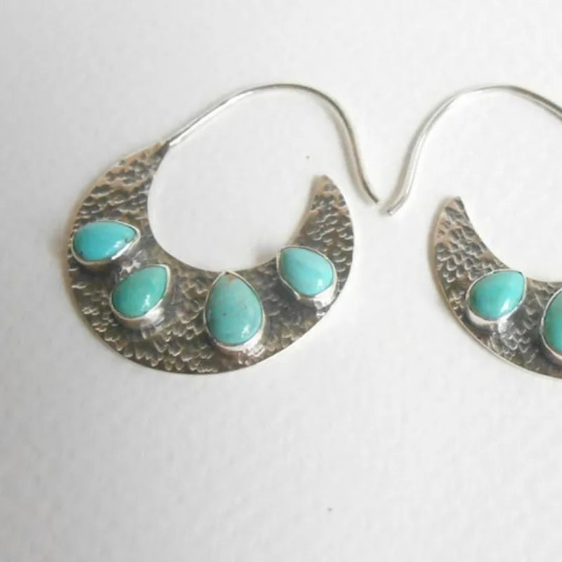 Silver Color Hoop Turquoise Gemstone Earrings Unique Handmade Jewelry