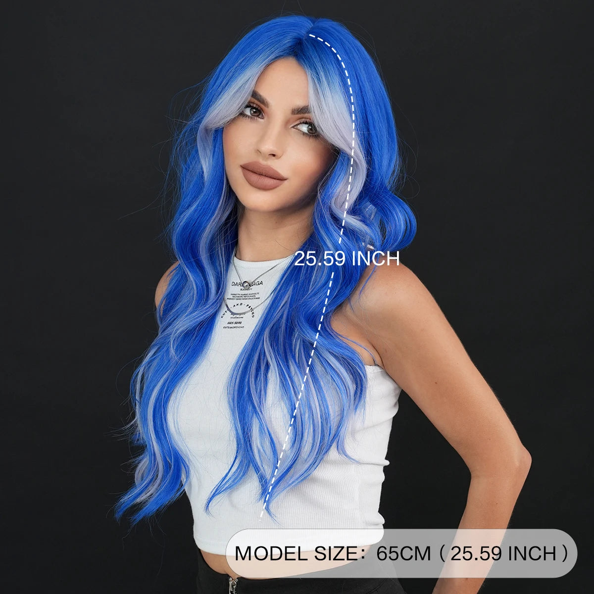 PARK YUN Long Loose Curly Blue Highlight Ash Wigs Middle Part Heat Resistant Synthetic Hair Wigs with Curtain Bangs