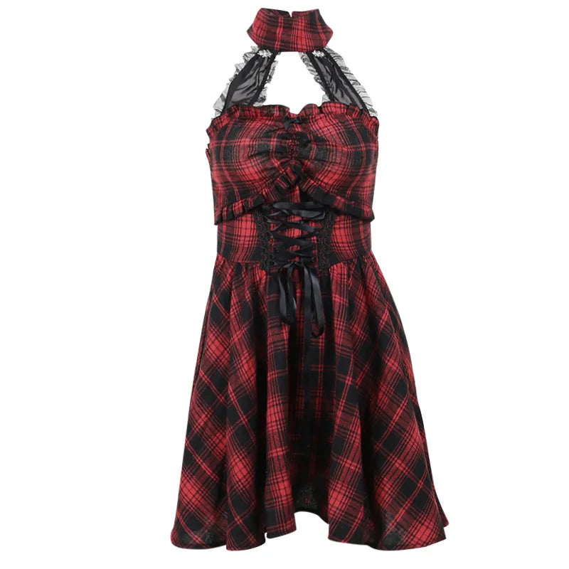 Gothic Halter Neck Sleeveless Dress | Women’s Vintage Plaid Mall Goth Lace High Waist A-line Swing Backless Dresses