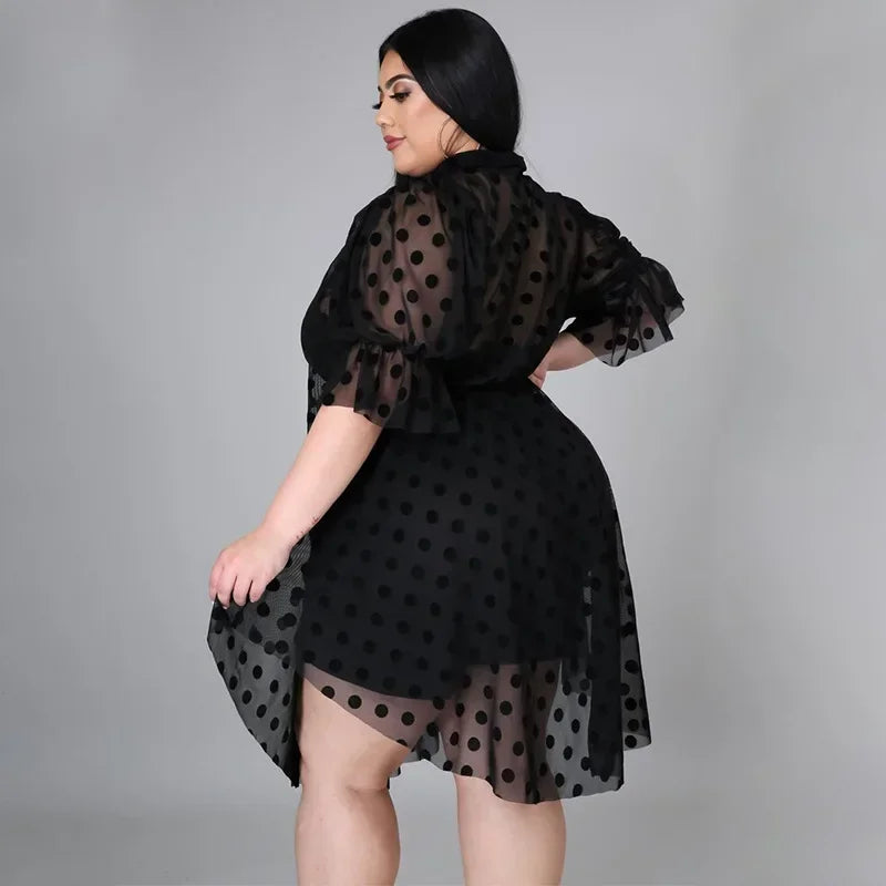 KEXU Dot Mesh Sheer Club Dress - Plus Size Black Ruffles Sexy Bodycon Night Party Dress