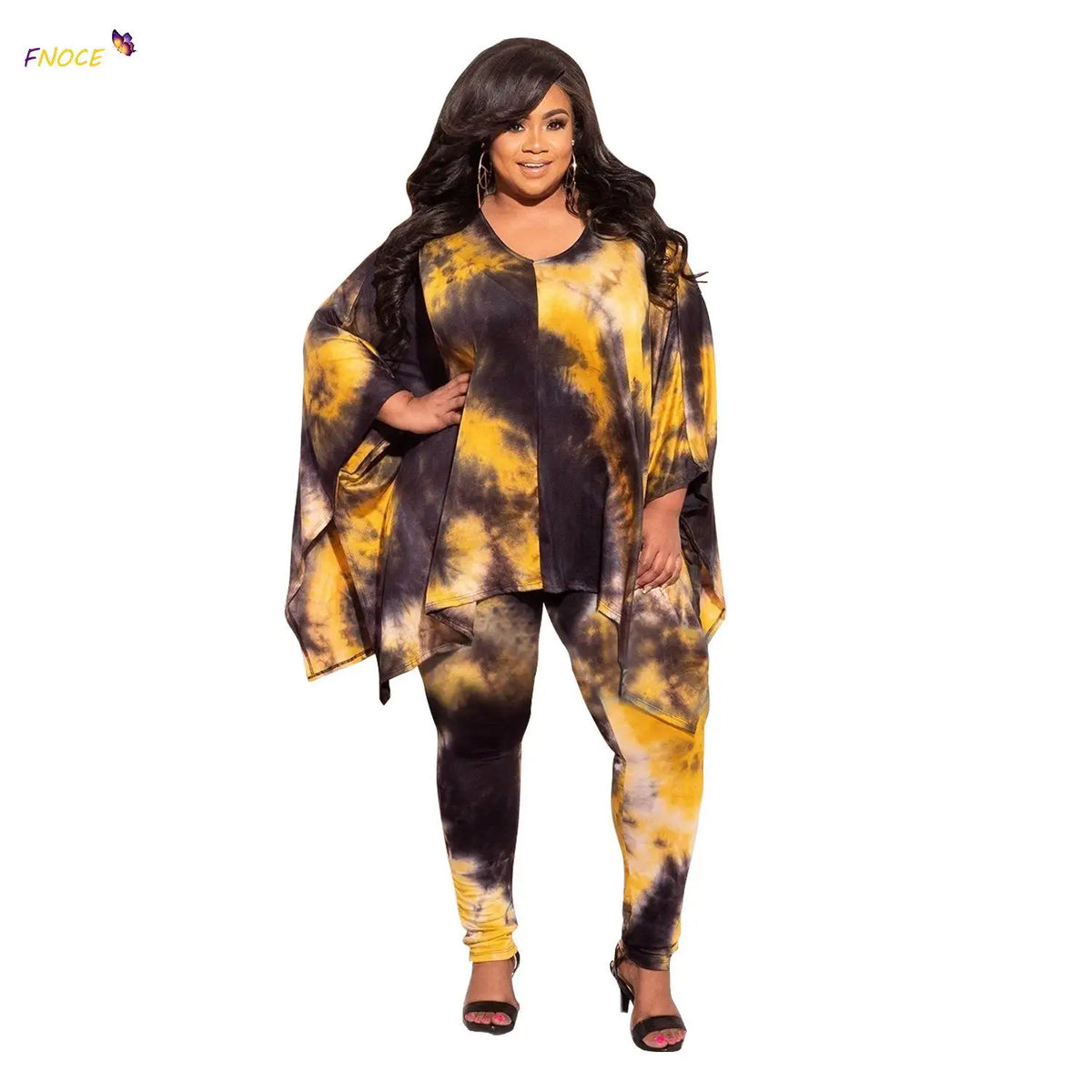 FNOCE Plus Size Two-Piece Set – Graphic Print Tie-Dye Fashion, Casual Urban Women's Clothing for Autumn