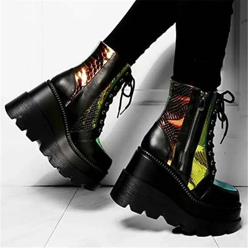 Women's Platform Boots - Fashion Wedge Shoes with Sequins, High Heels, Ankle Boots with Zipper and Lace Up Design