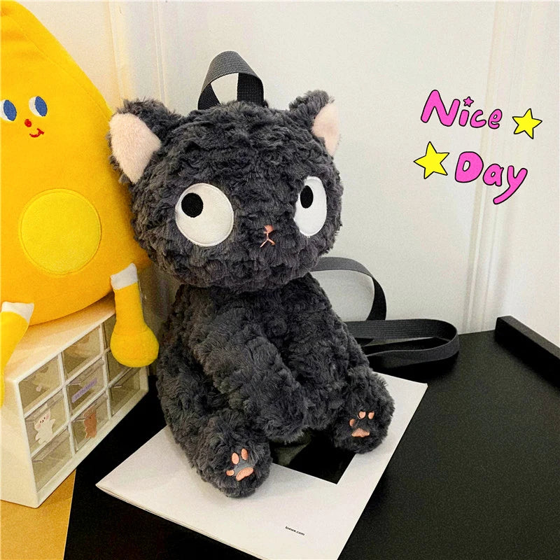 Kawaii Plush Cute Mini Gray Cat Shaped Women's Fluffy Backpack - Cartoon Aesthetic Stuffed Animal Zipper Toy, Small Female Gift