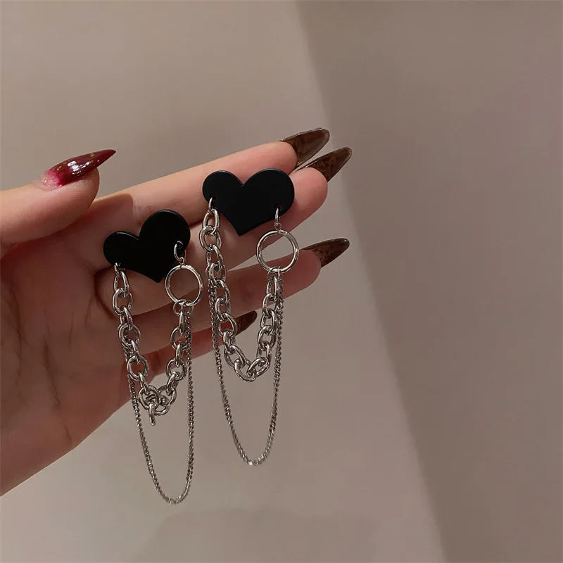 Black Heart Tassel Chain Earrings for Women | Korean Brincos 2024 | Femme Jewelry Streetwear Fashion Wholesale