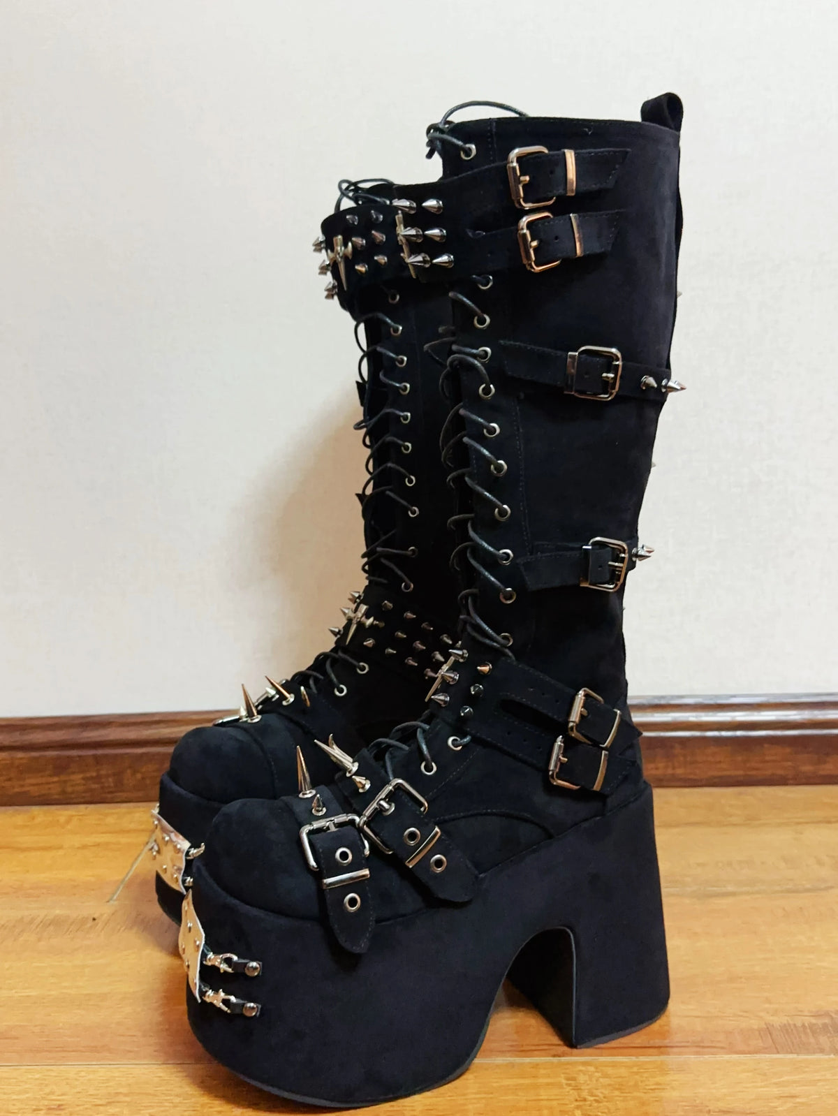 Women Motorcycle Boots woman high Heels pumps Lady knight boots girl punk Gothic long boots customized shoes rock heavy industry