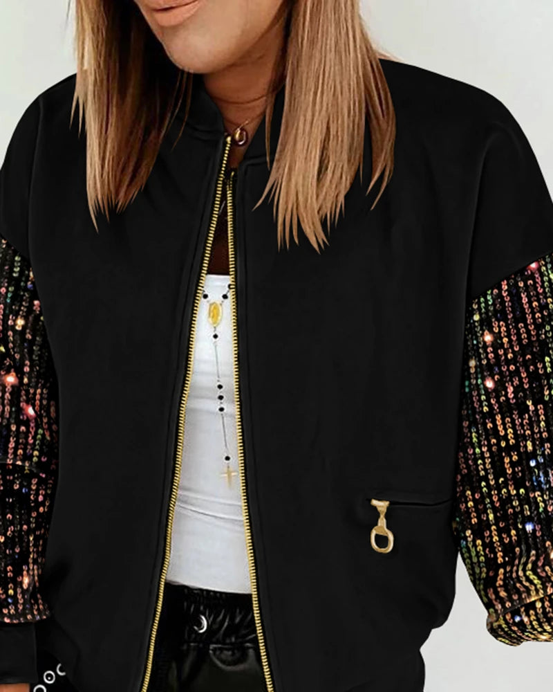 Women's Casual Jacket with Zipper Design & Contrast Sequin Detail