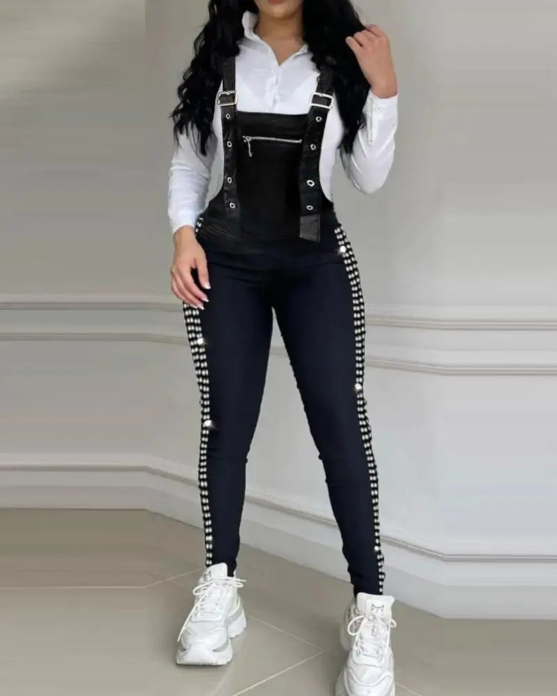 Elegant Rhinestone Decor Buckled Suspender Jumpsuit for Women | 2024 Spring Autumn Casual Plain Skinny Overalls | Black Bodycon Jumpsuits