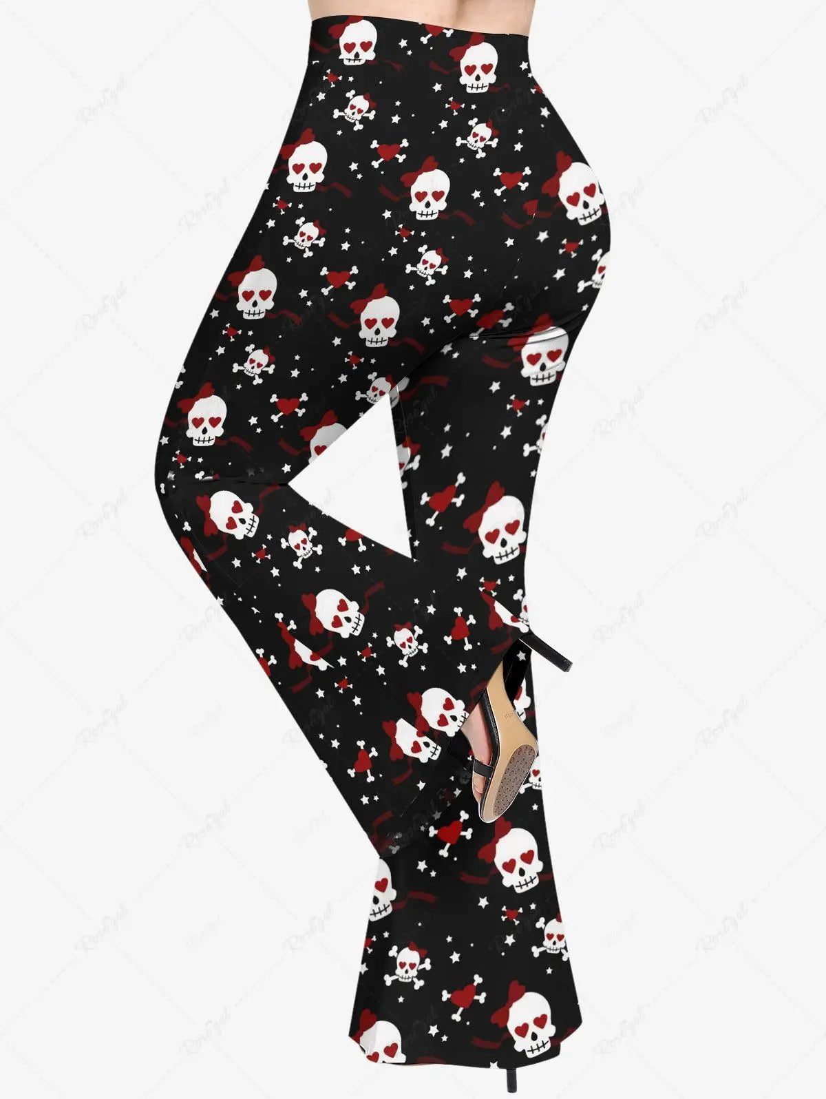 Valentine's Day New Skull Skeleton Heart Ribbon Stars Print Flare Sleeve Top Or Flare Pants Daily Casual Festival Matching Set