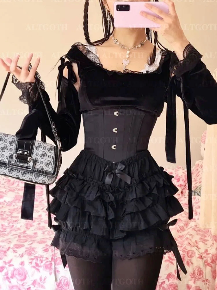 AltGoth Cute Lolita Shorts - Mall Goth Fairycore Grunge Streetwear with Kawaii Bow Patchwork, Women's Cosplay Shorts