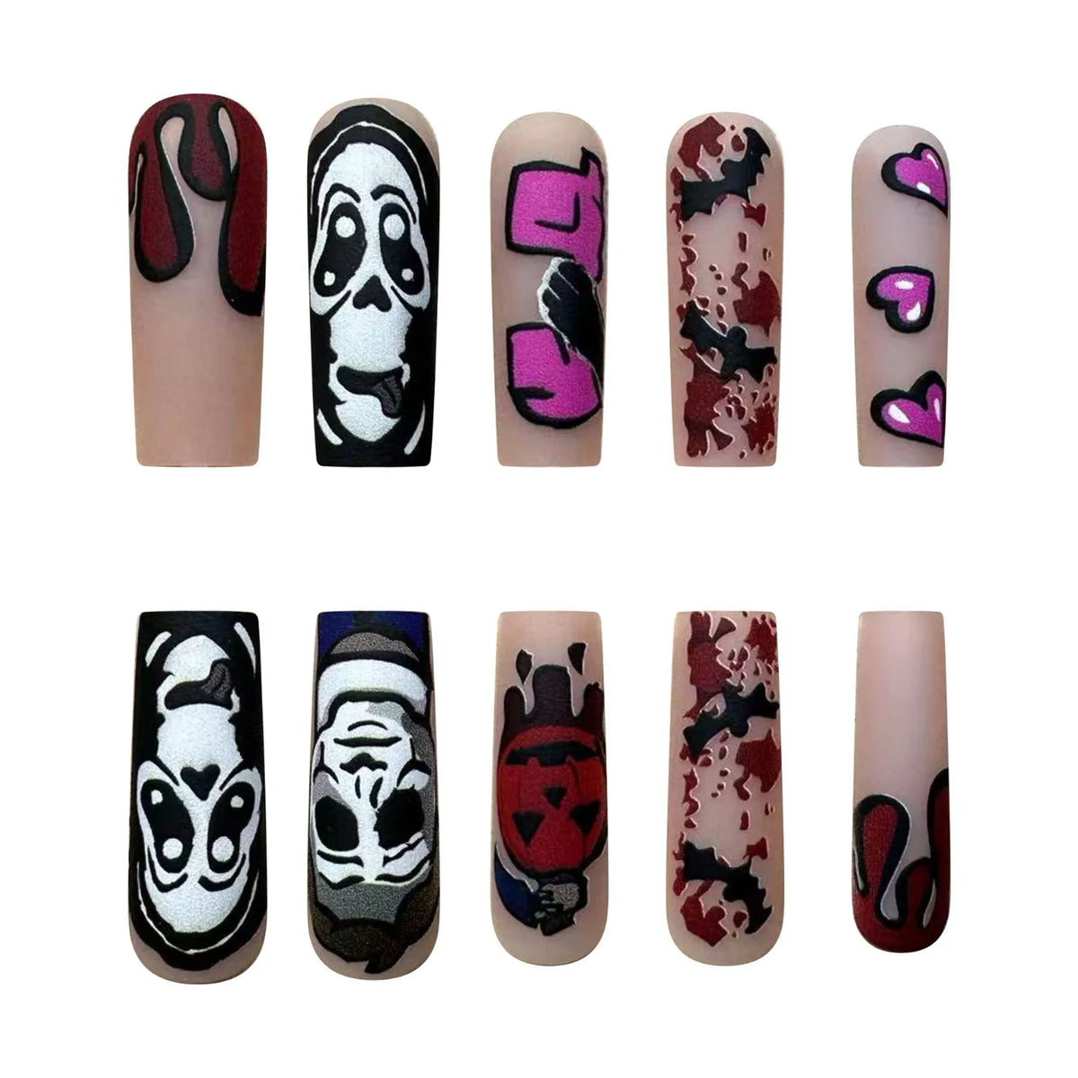 24pcs European Halloween Fake Nails - Ghost Faces, Blood, Bat, Heart Designs, DIY Manicure Set, Press-On Nails