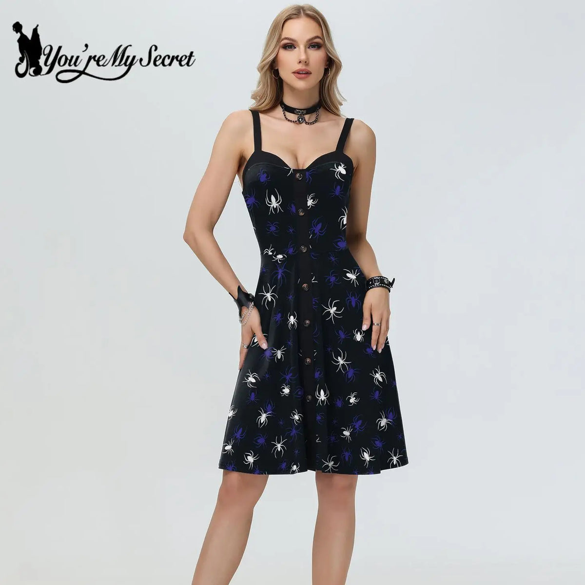 [You're My Secret] Gothic Black Spider web Printed Sleeveless Dress For Women Halloween Party Club Dresses Streetwear Vestido