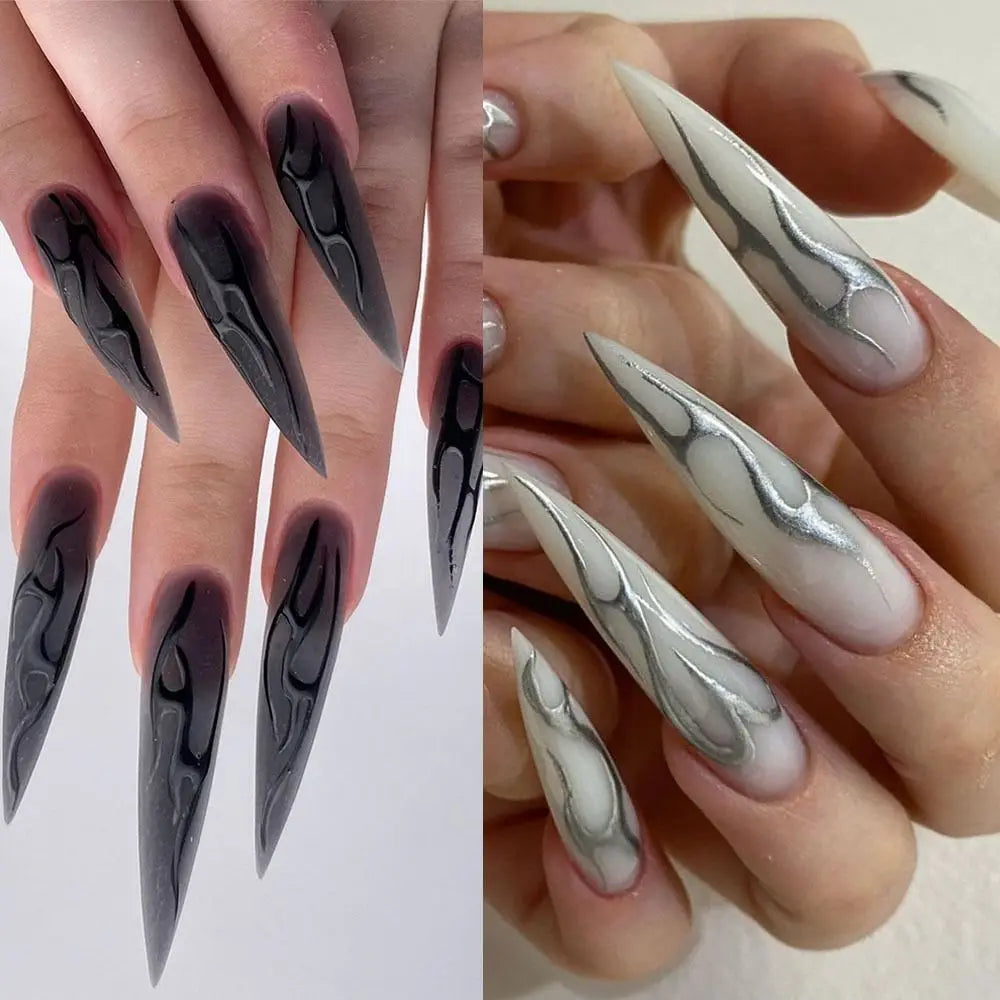 24Pcs Long Stiletto French Fake Nails – Mechanical Silver Black Vine Design, Full Cover Press-On Nails