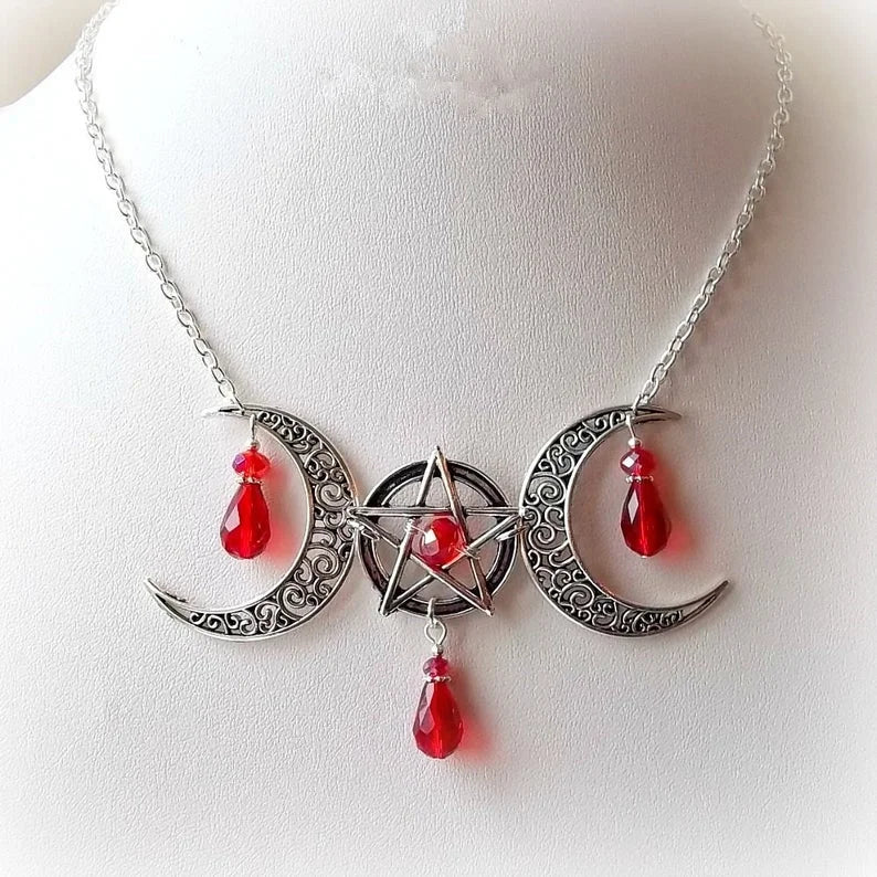 Wiccan Moon Necklace, Gothic Necklace, Pentagram & Moon Necklace, Pagan Necklace, Pentacle Necklace, Witch, Wicca, Black, Red,