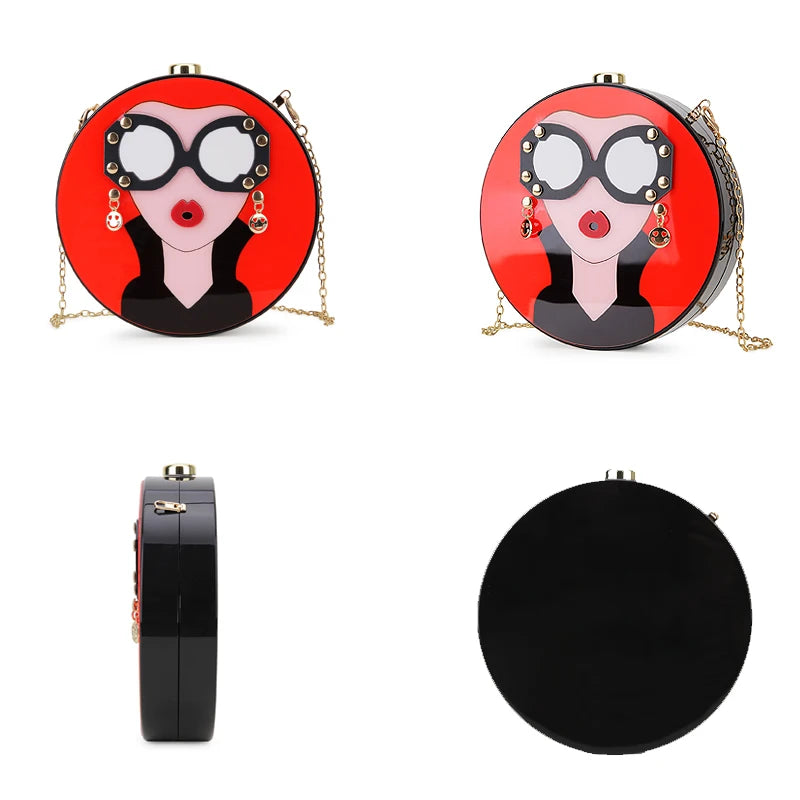 Fashion 3D Sexy Woman Face Women Handbag and Clutch Novelty Female Circular Acrylic Evening Wedding  Party Purse Girls Gifts