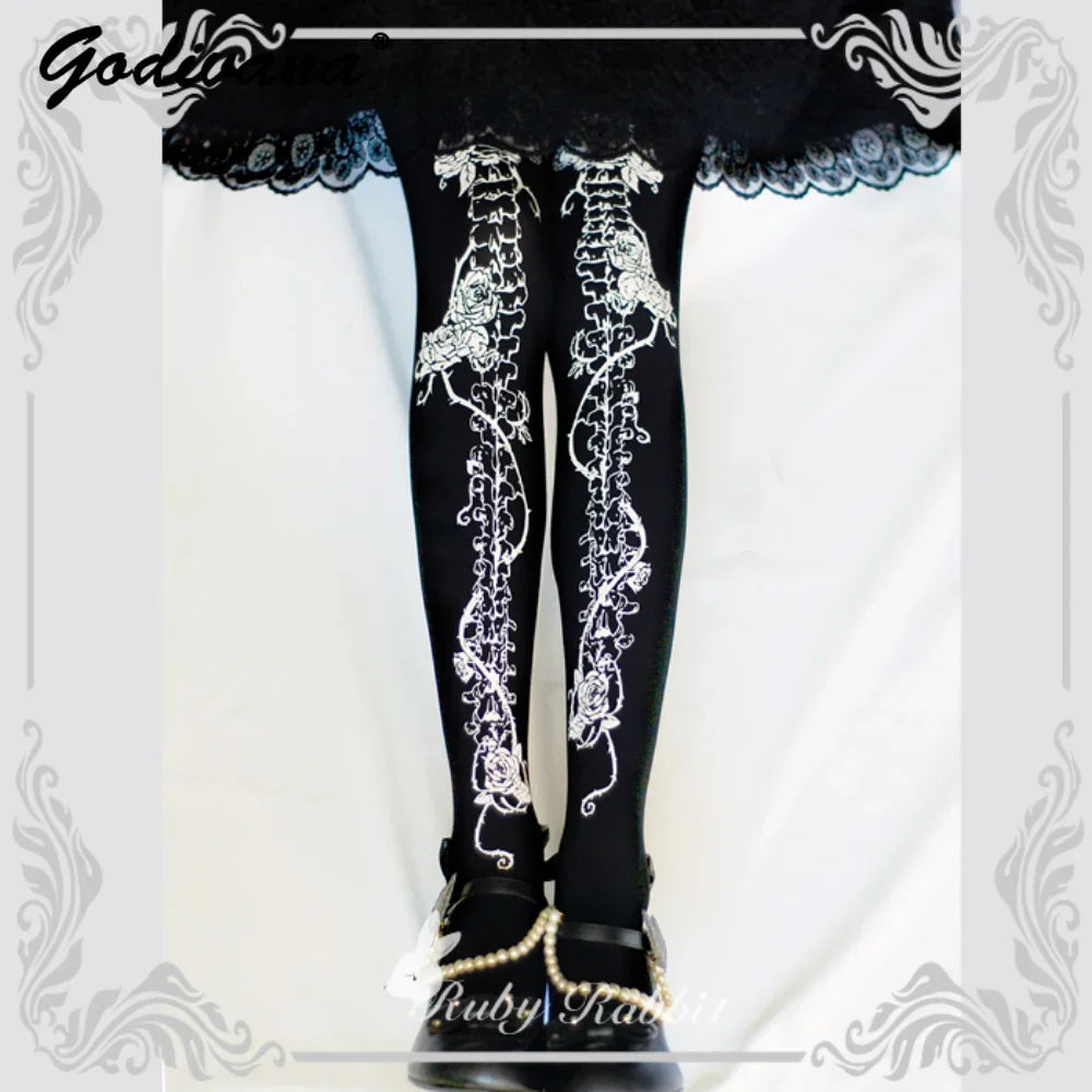 Lolita Printed Pantyhose Stockings Female White Halloween Cosplay Tights Pantyhose Spring Women's Gothic Bottoms Sexy Long Socks