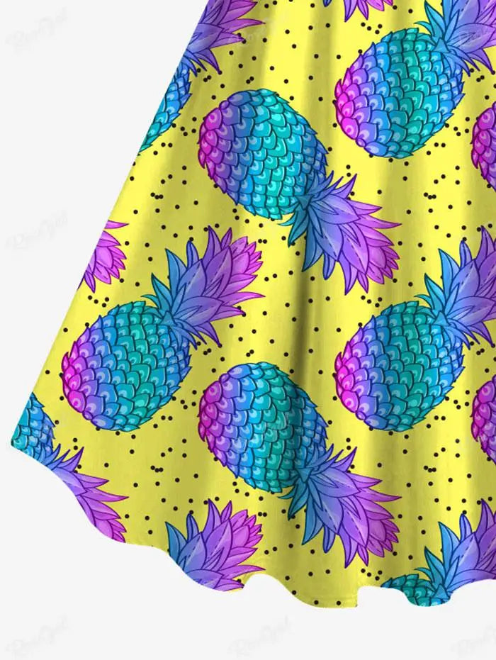 Plus Size Women's Sleeveless Tank Dress – Summer Casual A-Line with 3D Pineapple Print and Backless Design