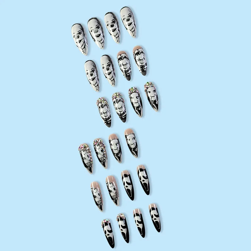 24Pcs Clown Grim Reaper Mask Man False Nails Halloween dark horror weird Tomie Press on Nails For Women and Girls Holiday Gifts