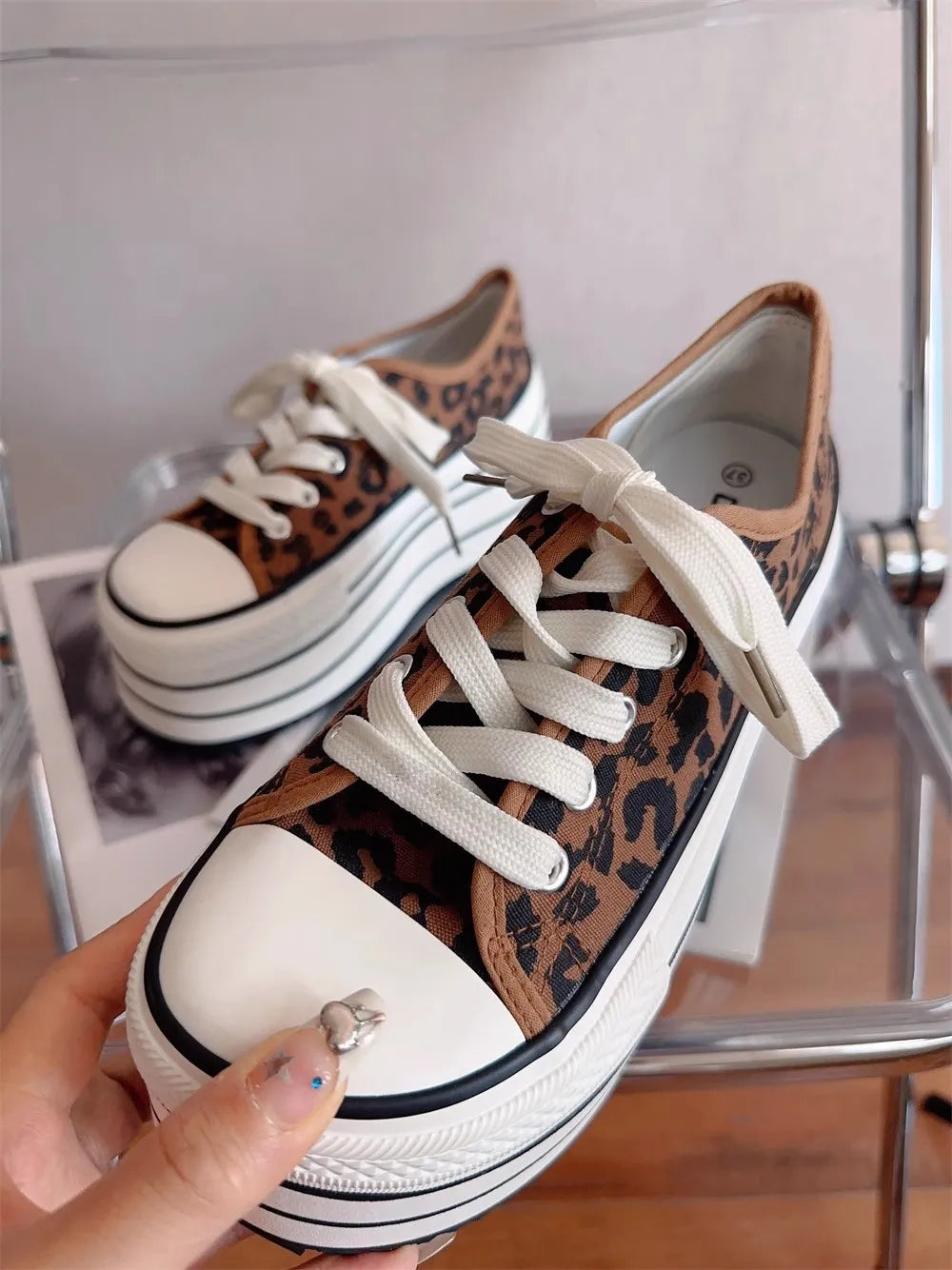 Women Leopard canvas shoes woman high thick wedges Heels pumps Lady Dress party shoes round toe 32-47 lace up Stripe splicing