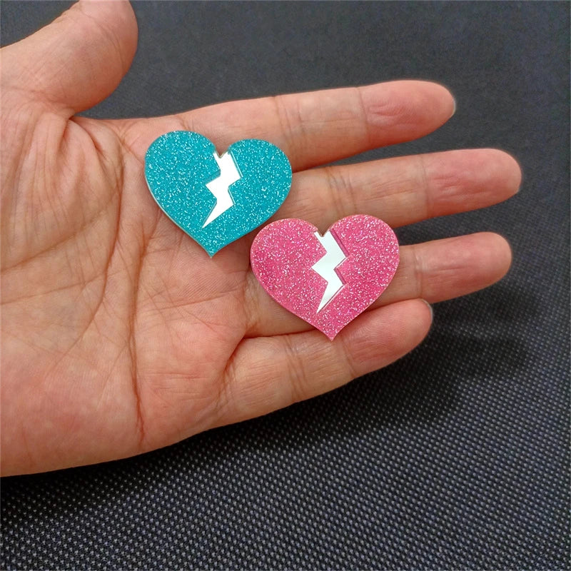 KUGUYS Cute Heartbreak Stud Earrings Women Glitter Acrylic Blue Pink Classic Jewelry Accessories