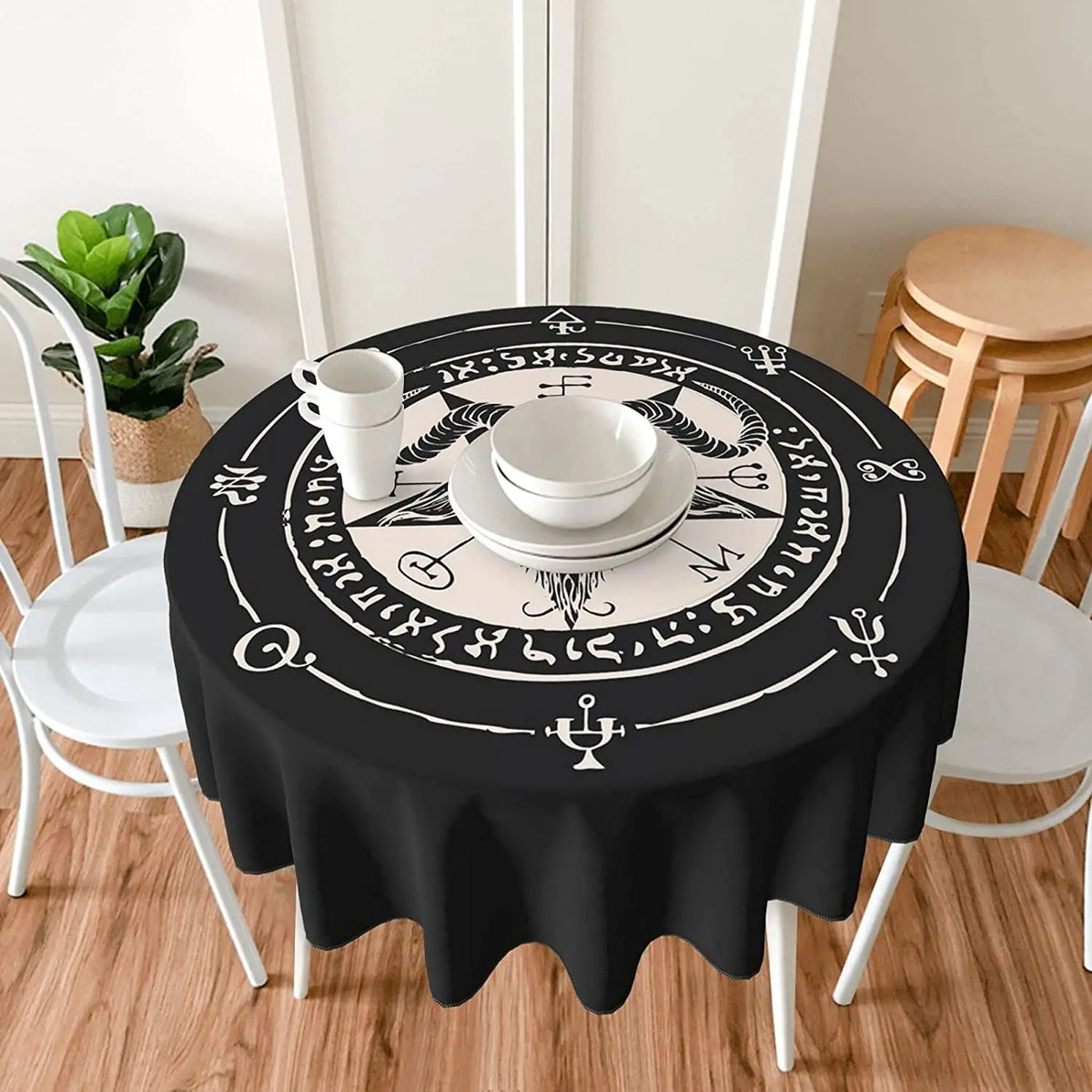 Satanic Black Goat and Pentagram Tablecloth - 60 Inch Washable Polyester, Water Resistant, Spill Proof