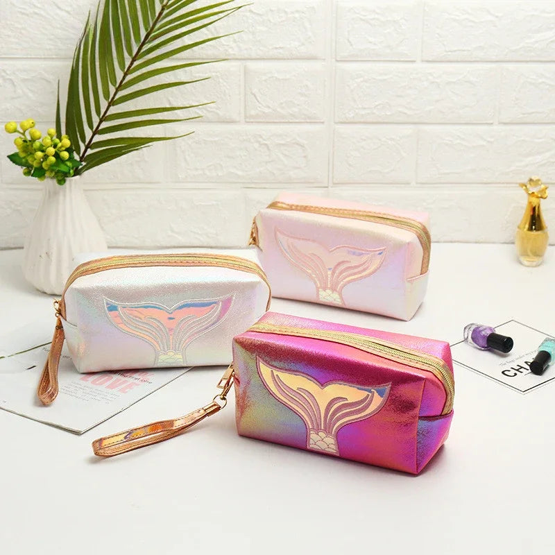 PU Leather Mermaid Tail Women Makeup Bag - Laser Cosmetic Bags for Travel, Waterproof Toiletries Storage for Makeup, Lipstick