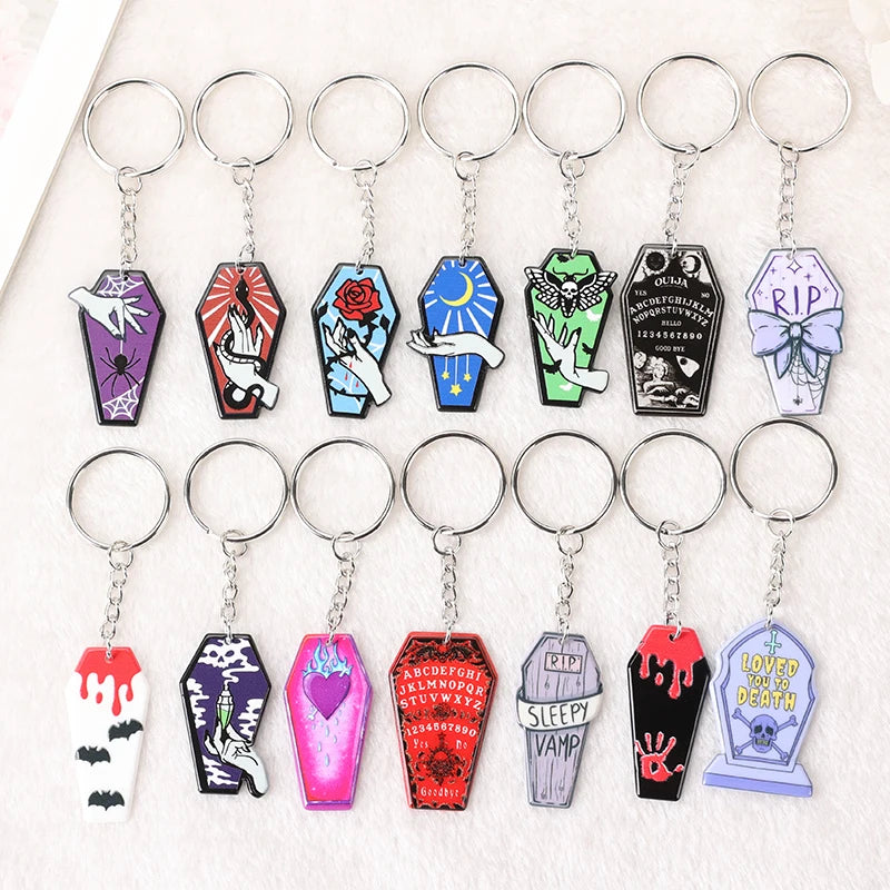 1Pc Halloween Punk Acrylic Keychain - Woman with Moth Coffin Design, Ideal for Car Mirrors or Handbags, Unique Birthday Gift