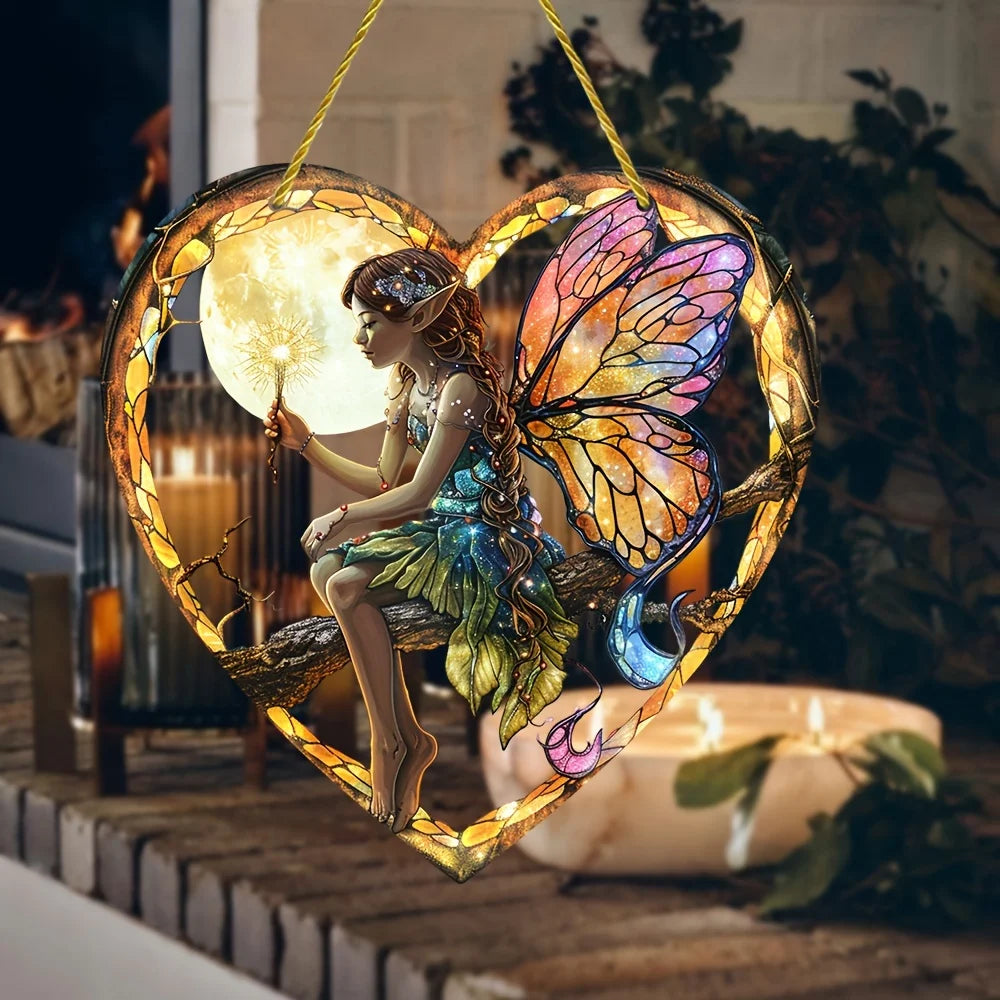 1 Pc Magic Fairy Hanging Decoration, Acrylic Heart Wall Hanging, Stained Glass Shape, Perfect for Home and Garden Decoration