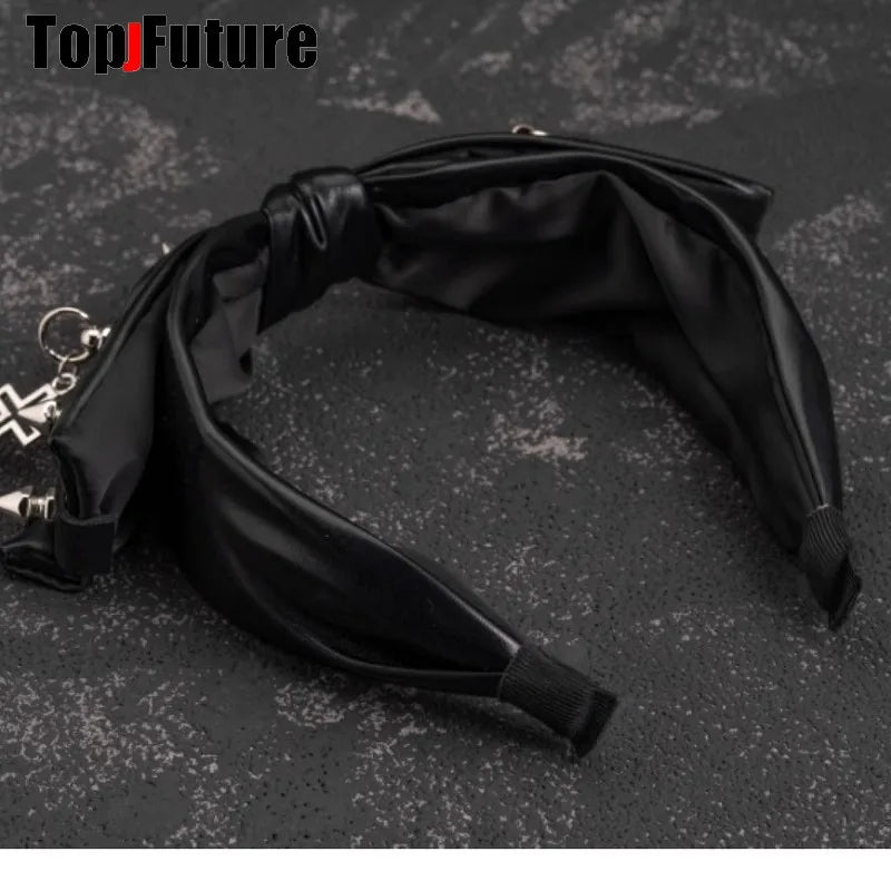 Streetwear leather bow buckle Y2K girl women gothic lolita cosplay Spike Harajuku Punk bow hairbands hairband hair hoop