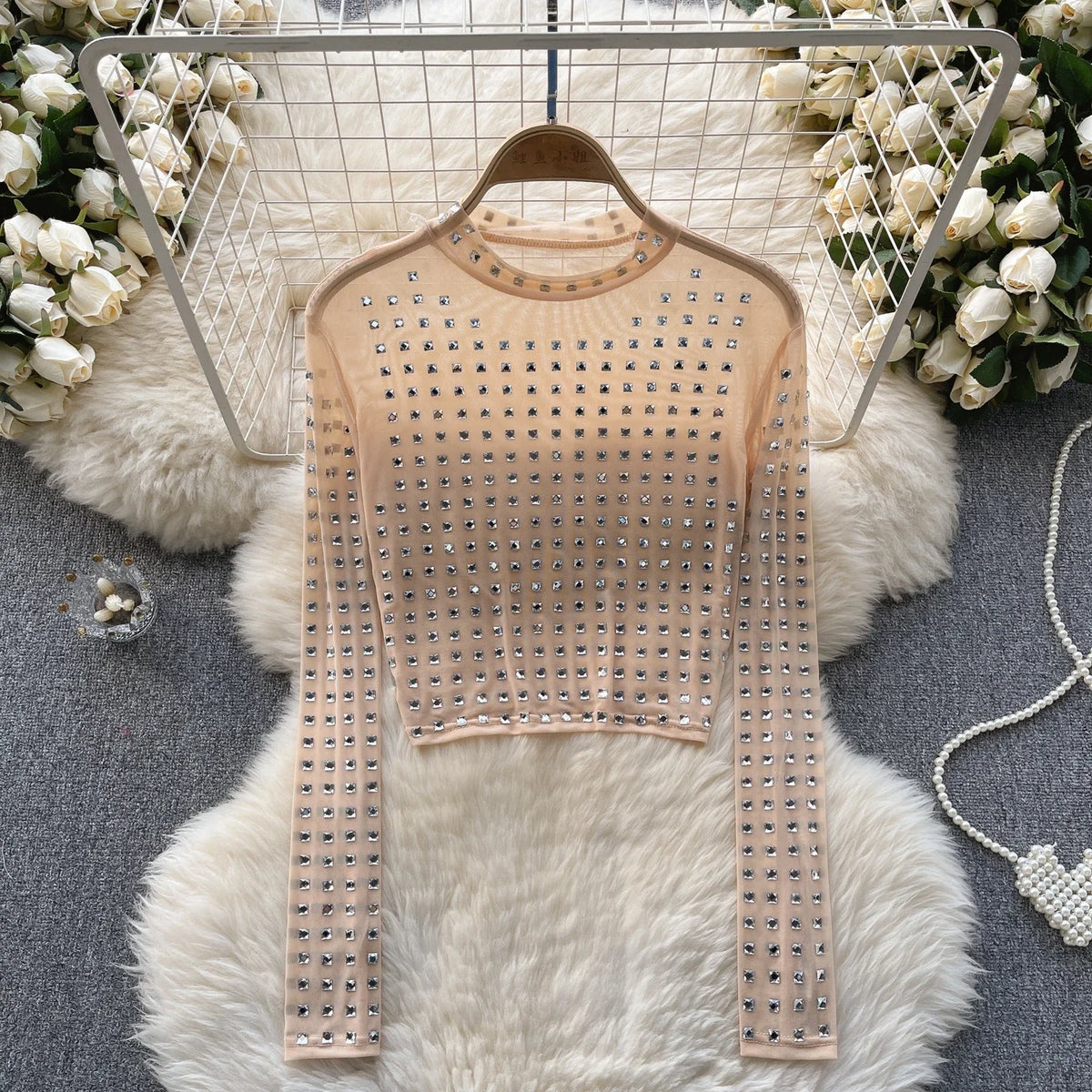 Women Chic Gauze Mesh Sheer O-neck Long Sleeve Rhinestone Perspective Solid Slim Sexy Korean T-shirt Fashion Summer Women Shirt