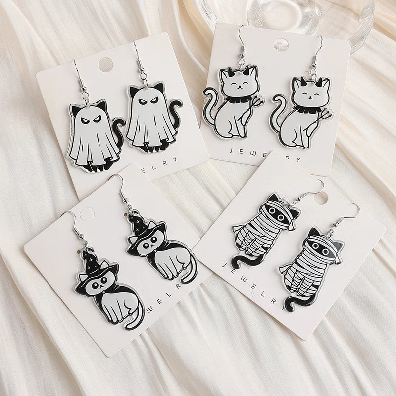 1Pair Fashion Halloween Creative Acrylic Skull Death Ghost Cat Dangle Earrings For Women Birthday Festival Gift Lovely Jewelry