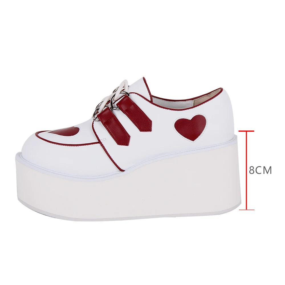 Women’s Punk Rock Chunky Platform Shoes - White with Red Heart Accents and Lace-Up Detail