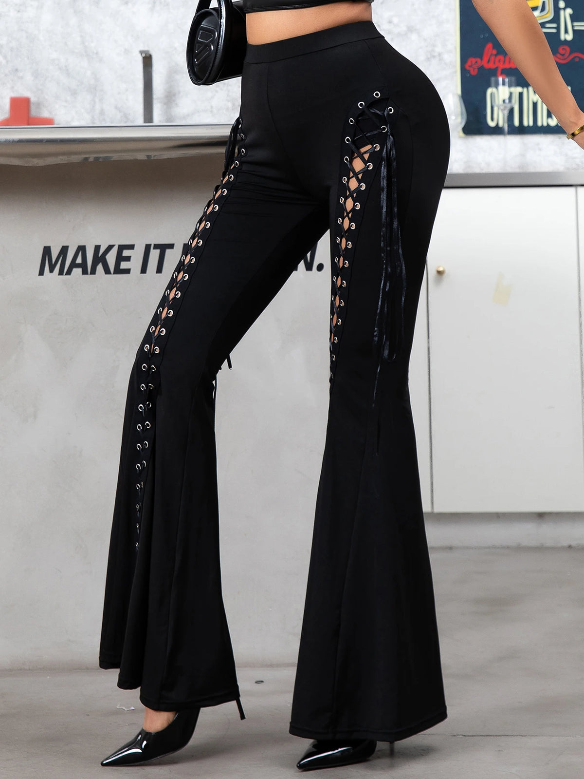 New Trend Fashion Corns Bell Bottom Pants - Sexy Slim Black Lace-Up Trousers for Women