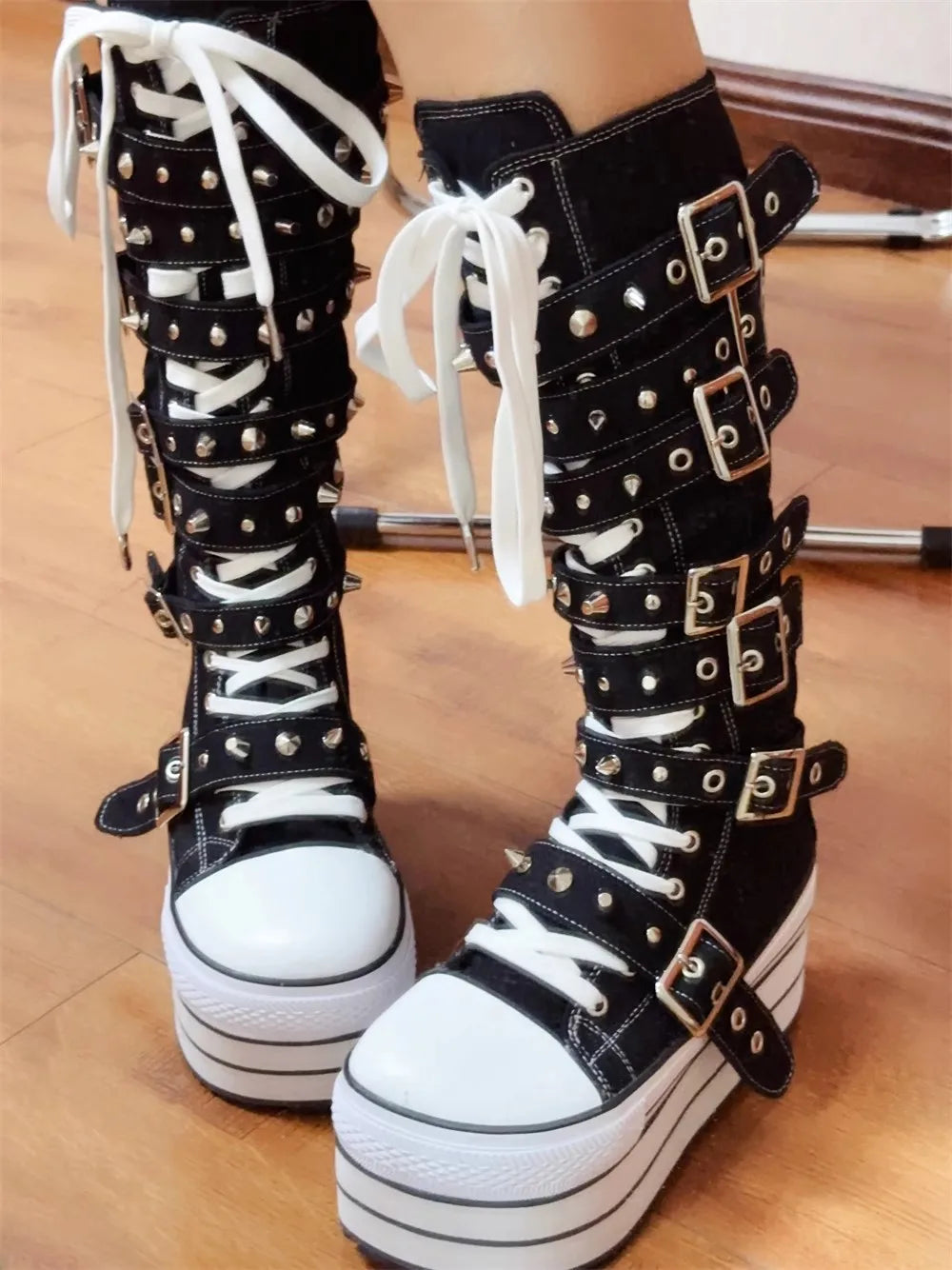 Women Medieval rivet wasteland punk long Boots woman high wedges Heels pumps Lady Dress party shoes round toe canvas shoes 8cm