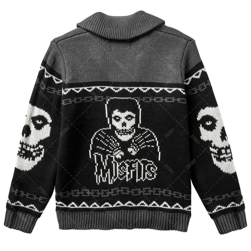 Punk Rocker Men's Skull Print Cardigan - Button Down Ugly Halloween Sweater