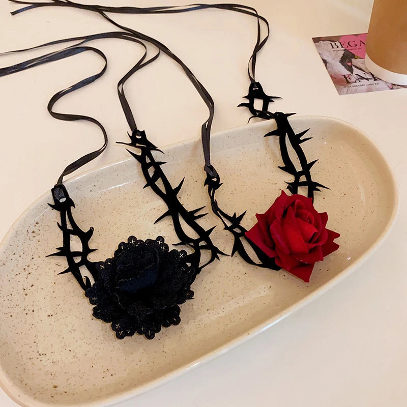 Retro Flower Adjustable Rope Collar Necklace | Gothic Thorny Red Rose Choker for Halloween Cosplay Party Accessories