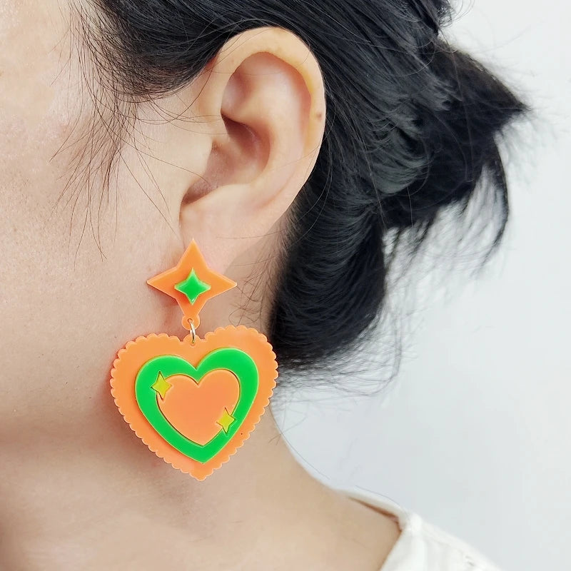 KUGUYS Orange Blue Heart Star Drop Earrings | Cute Romantic Acrylic Jewelry Accessories for Women