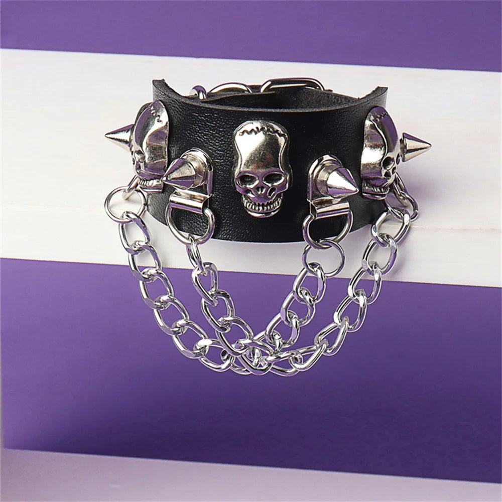 Gothic Skull Chains Spike Bracelet – Adjustable Punk Rock Black Studded Faux Leather for Men and Women Jewelry