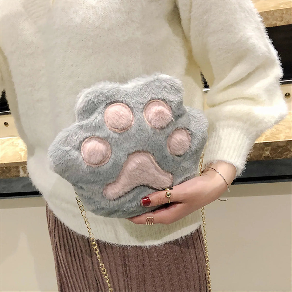 Cute Novelty Bear Paw Soft Plush Small Zipper Closure Crossbody Bag