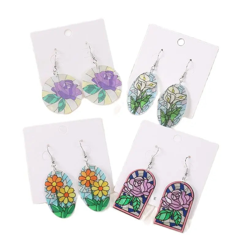 1 Pc Acrylic Dangle Earrings - Stained Glass Look with Rose and Cloud Floral Designs, Perfect Gift for Girls and Women