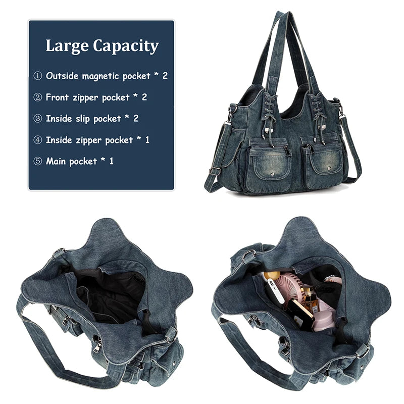 Women's Denim Bag Y2K Vintage Blue Jean Purse and Handbags Crossbody Shoulder Wallet Large Capacity