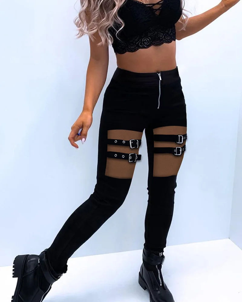 Eyelet Buckled High Waist Zipper Pants – Women’s Punk Solid Color Fashion Casual Sexy Pencil Trousers, Streetwear