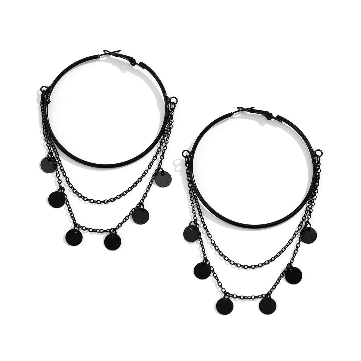 Ingemark Goth Black Star Sequin Tassel Drop Earrings – Large Circle Piercing Jewelry for Women