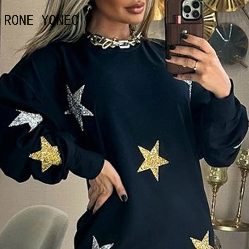 Women’s Round Neck Star Pattern Long Sleeve Loose Fit Mini Sweatshirt Dress