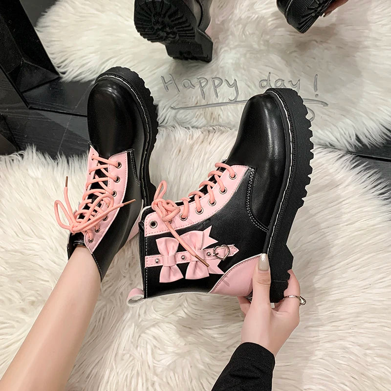 Kawaii Girl Pink Boots - 2023 New High-Top Lace-Up Butterfly Knot Women’s Motorcycle Boots, Fashion Student Platform Shoes