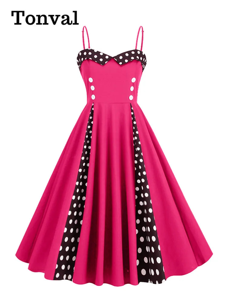 Tonval Sweetheart Neck Spaghetti Strap Double Breasted Long Dress - 50s Pinup Vintage Polka Dot, Perfect for Ladies' Sexy Party Looks